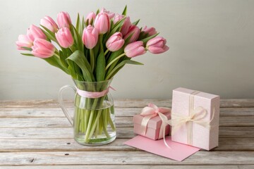 Fototapeta premium A beautiful bouquet of soft pink tulips in a clear glass vase sits on a wooden surface with gifts