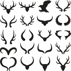 Collection of diverse animal antlers horns and silhouette eagle wings