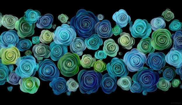 Abstract floral pattern with swirls of teal and light blue roses on a black background