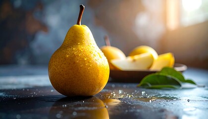 Fresh pears on a dark surface, glistening with water droplets