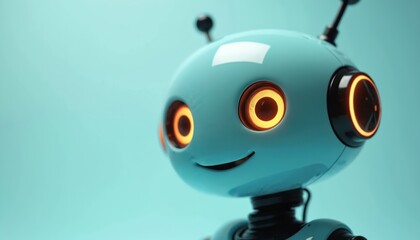 Curious robot with glowing antenna, expressive eyes. Futuristic illustration concept with artificial intelligence, engineering, modern technology themes. Shiny metallic character poses, representing
