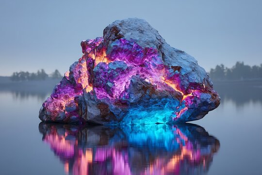A large rock containing uranium ore glows with bright, vibrant colors beside a calm water body, adding a natural touch to the landscape.