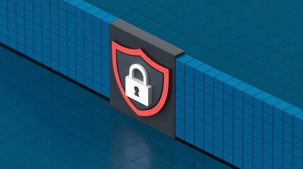 Digital security concept: Shield with padlock protecting a wall, safeguarding confidential data
