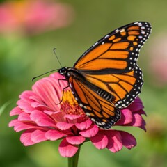 Fototapeta premium Vibrant monarch butterfly with orange and black wings resting on a delicate pink flower