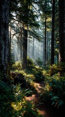 Obraz premium Peaceful forest with sunlight rays through trees creating natural serene atmosphere