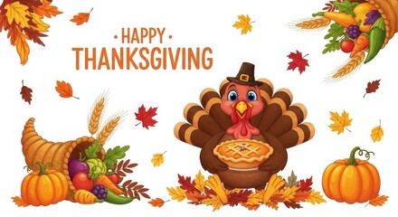 Happy Thanksgiving Celebration Gathering With Harvest Foods And Autumn Leaves