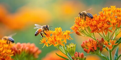 Close-up macro view of multiple honeybees collecting nectar from vibrant orange and yellow flowers in a sunlit garden setting
