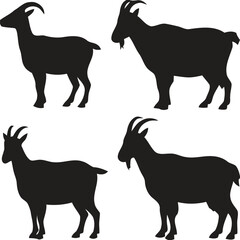 Four silhouettes of goats standing in different poses on white background