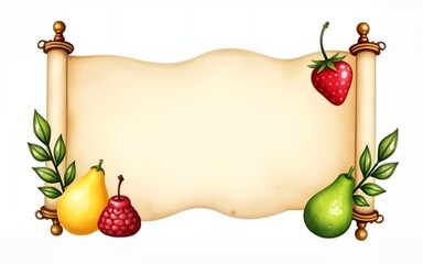 Sukkot banner tempate with blank Torah scroll and symbols watercolor  isolated on white background. Four species etrog fruit, hadass, lulav, aravah, myrtle and willow. High quality