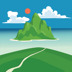 Blue sea and road on a green hill. Tranquil peaceful nature cartoon vector illustration.