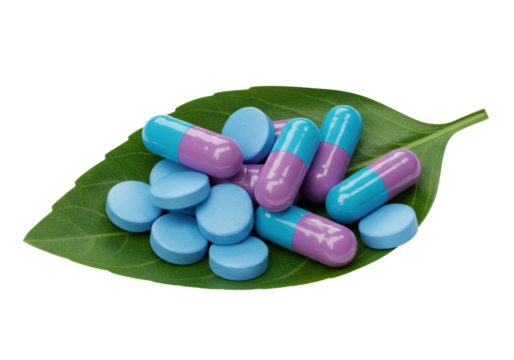 Isolated pharmaceutical pills and capsules on green leaf for natural medicine concept