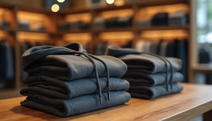 Neatly stacked dark gray hoodies sit on a wooden table in a retail store. Apparel, clothing, comfort, and warmth for autumn and winter seasons. Simple, elegant, modern merchandise display.