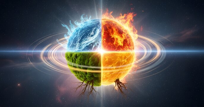 A celestial orb divided into four lush elemental quadrants representing fire, water, earth, and air, surrounded by cosmic rings