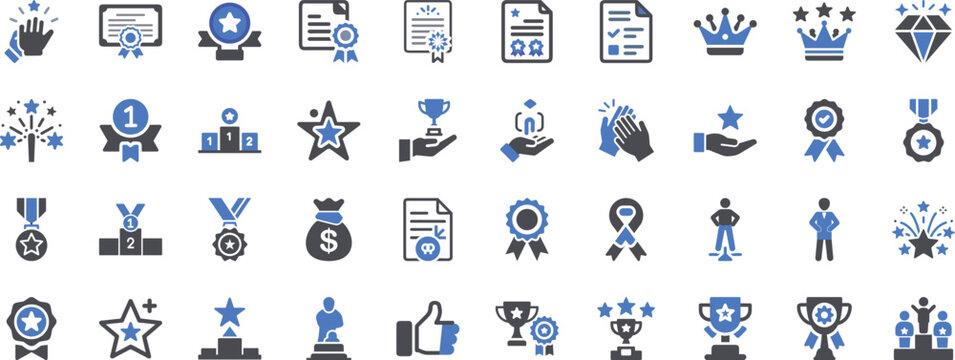 Award and achievement icons set celebrating success recognition excellence and business accomplishments vector