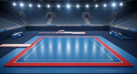 Illuminated Gymnastics Arena with Blue Floor and Red Border Ready for Competition