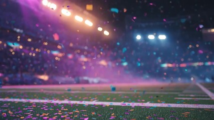 Colorful confetti falls onto the soccer field following a thrilling moment during a major sporting event celebration at night - Powered by Adobe