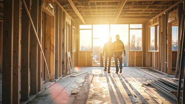 Two construction workers walk through an unfinished building site with building materials and tools