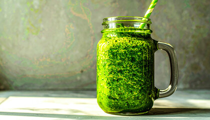 Green Smoothie Mason Jar against Gray Background