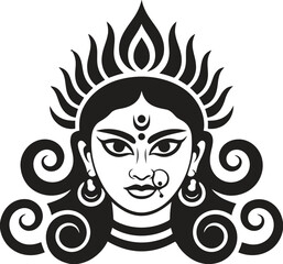 Stylized black and white illustration of goddess durga s face
