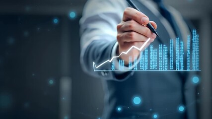 グラフを描くビジネスマンの手と青い数値の増加を示す未来的な金融の成長と成功 - Powered by Adobe