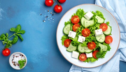Fresh salad with feta, tomatoes, and cucumbers on a blue background
