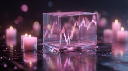 Stock graph inside glass box, surrounded by lit candles, soft focus background