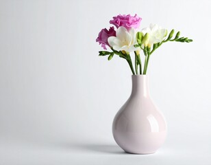 A fragrant bouquet of spring freesia flowers gracefully arranged in a pastel pink vase against a clean, light backdrop