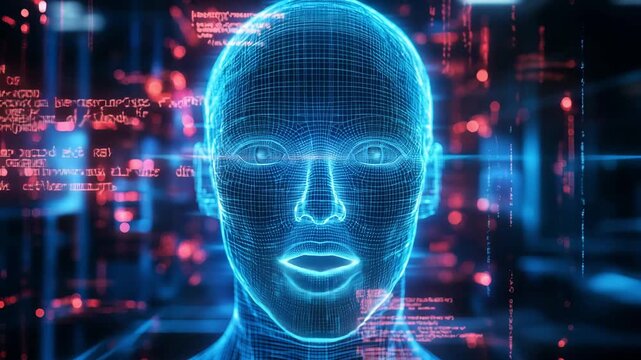 A digital creation of a holographic face interacting with data in a high tech environment filled with glowing elements. Artificial intelligence assistant, virtual avatar
