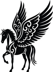 Fototapeta premium Mythical Pegasus Silhouette: A majestic silhouette of Pegasus, the winged horse of Greek mythology, takes flight, soaring gracefully with outstretched wings.