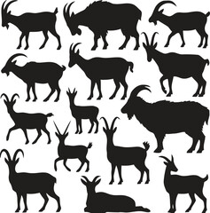 Collection of black goat silhouettes in various poses and actions