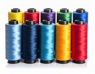 A vibrant assortment of colorful thread spools on black bobbins, isolated on a clean white background for sewing and craft projects