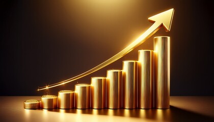 a golden bar graph with arrow pointing upward depicting a rise in gold prices