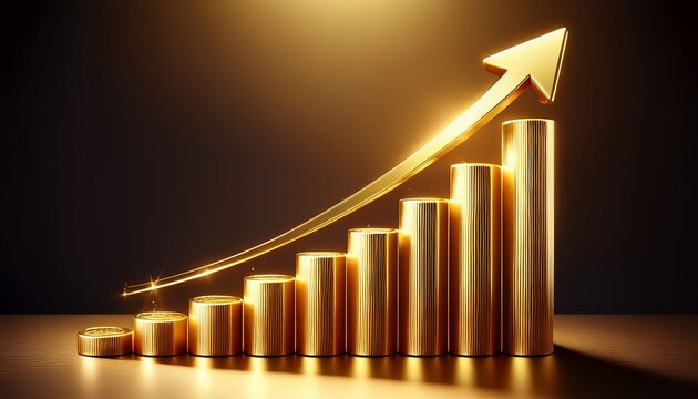 a golden bar graph with arrow pointing upward depicting a rise in gold prices