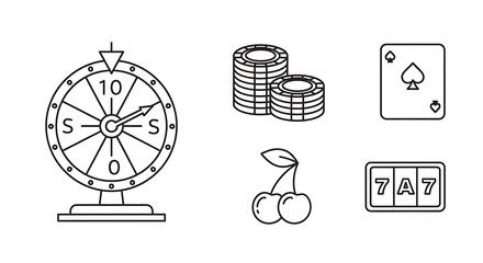 Simple line art icons representing casino games, including a spinning wheel, stacked chips, a playing card, cherries, and a slot machine.