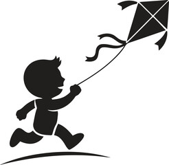 Silhouette of a happy child running and flying a kite outdoors