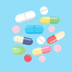 Set of pills, medicine, drugs. Painkiller Tablet, vitamine, pharmaceutical antibiotics. Medical background. Vector cartoon design.
