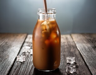 indonesian teh botol in glass bottle with ice and straw