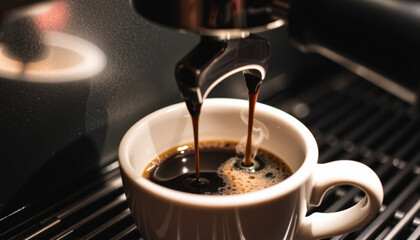 Espresso brewing coffee shot flows smoothly into white ceramic cup creating rich and inviting aroma