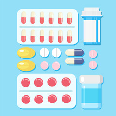 Set of pills, medicine, drugs. Painkiller Tablet, vitamine, pharmaceutical antibiotics. Medical background. Vector cartoon design.
