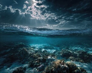 Stunning underwater scene with vibrant coral reefs. Sunlight streams through stormy clouds above the surface