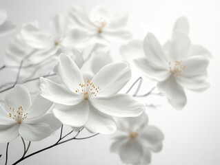 Pure Elegance: Close-Up of Ethereal White Blossoms with Luminous Golden Stamens, Delicately Arranged Against a Softly Blurred Background, Evoking Serenity and Graceful Tranquility