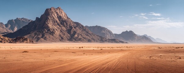 Vast desert landscape with towering mountains under a clear sky