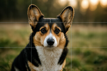 Pet photography rules: a corgi dog with a black, brown, and white coat, sitting in a grassy area with a grid overlay for composition reference. The background is softly blurred.
