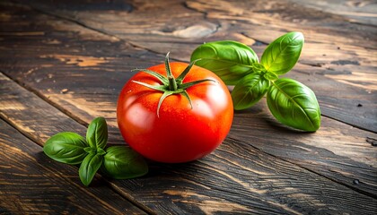 Fresh tomato and basil on a wooden table