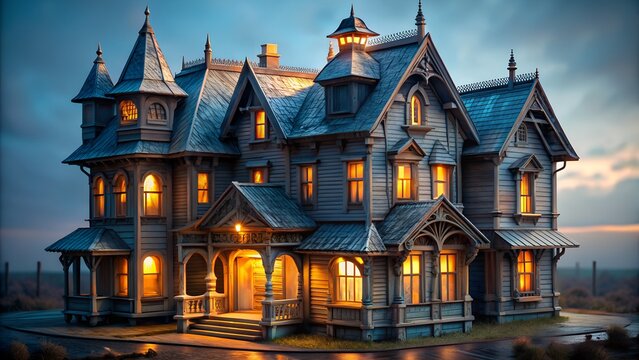 Large Victorian house with glowing windows at dusk.