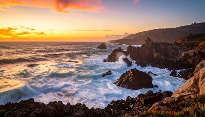 Naklejka premium Coastal scene bathed in sunset hues. Waves crash against dark, rocky cliffs under a vibrant, colorful sky. The horizon melts into the distance, evoking a feeling of peace