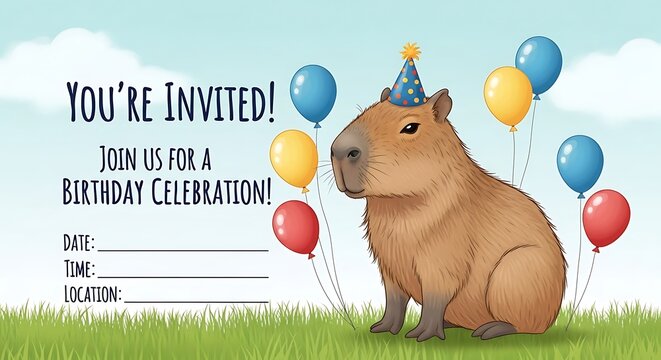 Capybara Birthday Party Invitation.