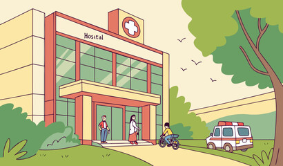 Naklejka premium A modern hospital building exterior with a large red cross sign, Urdu and English nameboards, an ambulance parked outside, and people entering through the glass doors. Add greenery, motorcycles, and s
