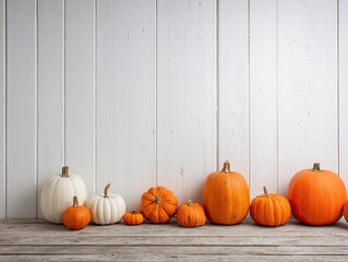 Autumn pumpkins on a wooden surface against a white wall