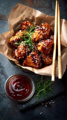 Korean-style fried chicken with sesame seeds and spicy sauce